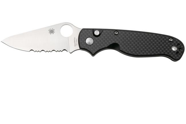 Afbeelding voor Spyderco ButtonUp C275CFPS, Satin 8Cr13MoV, Black Laminated G10/Carbon Fiber, serrated zakmes, Eric Glesser design