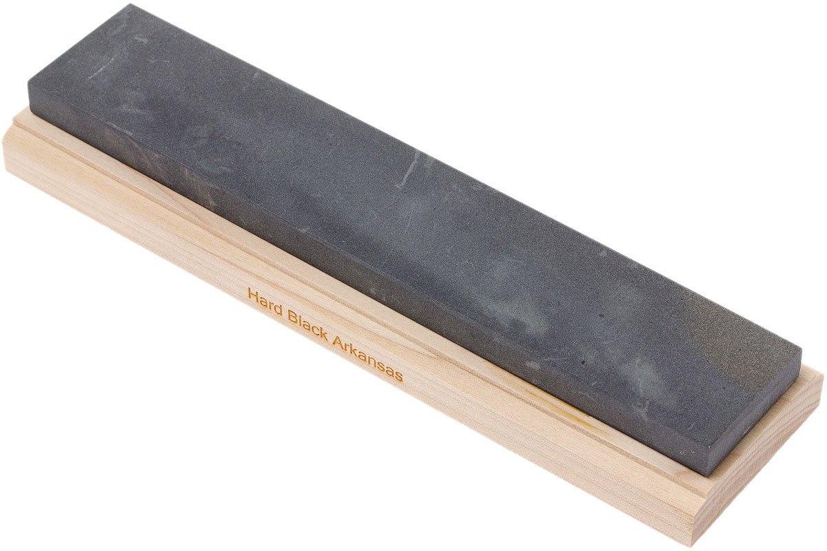 Arkansas natural sharpening stone on a base, Hard Black Arkansas