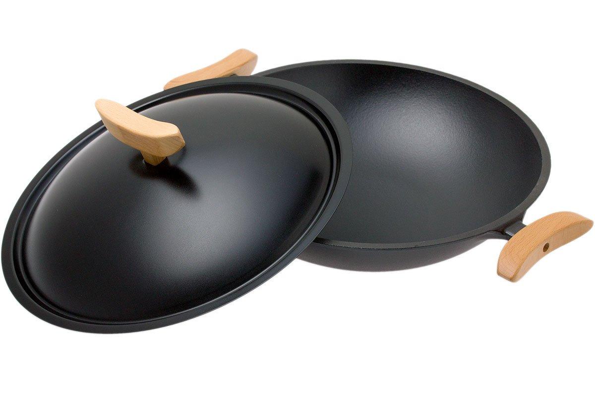 Wok en fonte avec couvercle en bois pour sauter, griller, frire et cuire à  la vapeur – Poêle profonde avec couvercle,– Antiadhésif et résistant aux  rayures : : Cuisine et Maison