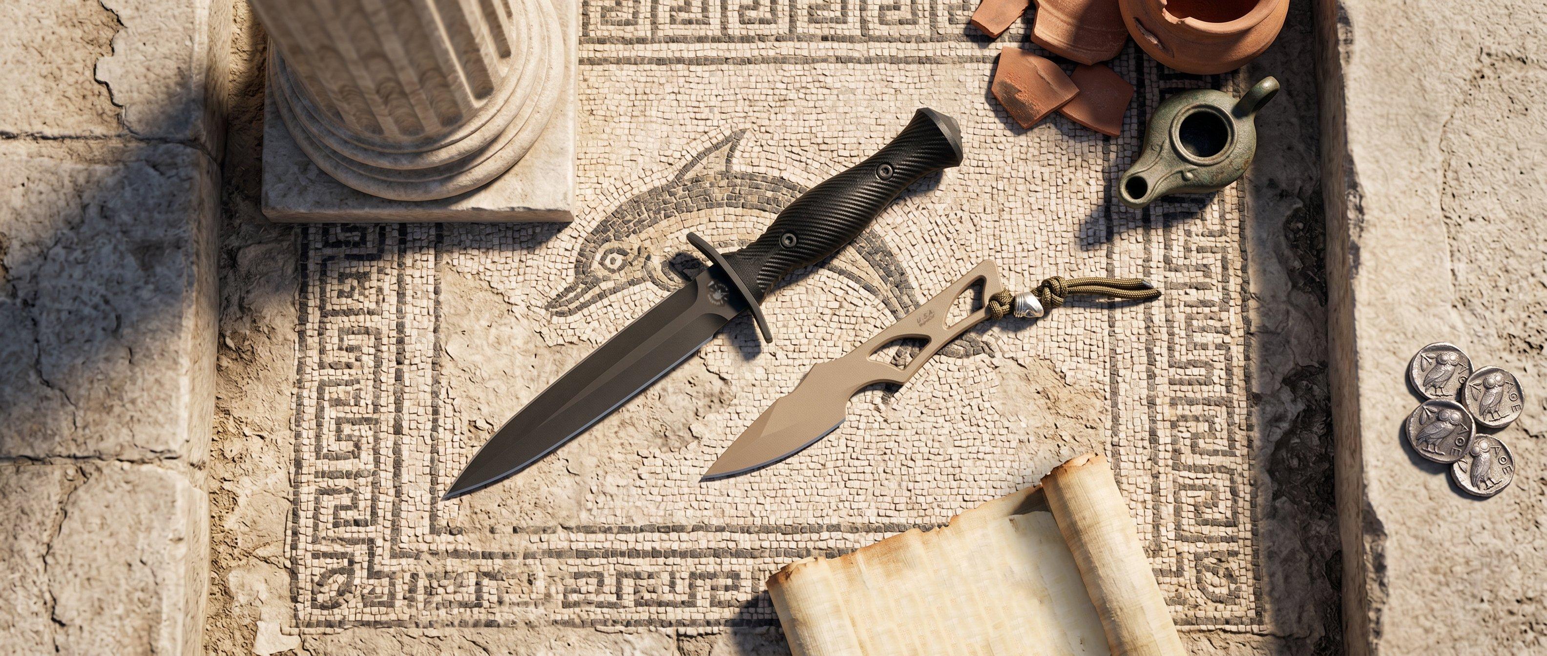 Spartan Blades vaststaande messen op een lichte achtergrond