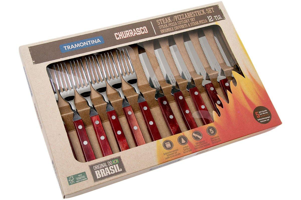 Coffret 12 Couverts à Steak Tramontina - Lames Inox, Manches Rouges En Polywood, Idéal Barbecue Et Churrasco