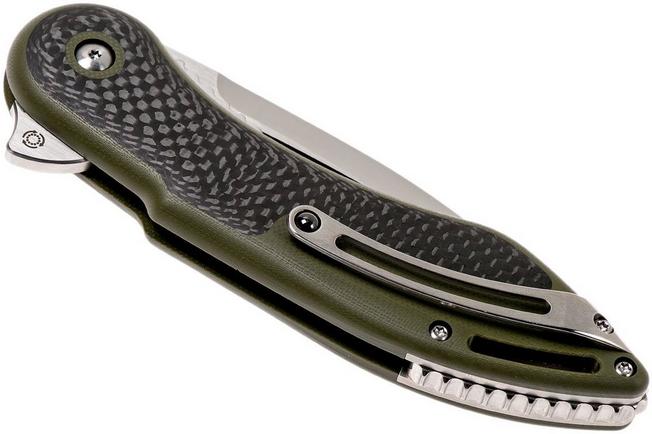 Image for Todd Begg Steelcraft Glimpse, satin fluted blade, green G10 and CF WKGCF3F