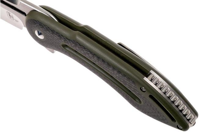Image for Todd Begg Steelcraft Glimpse, satin fluted blade, green G10 and CF WKGCF3F
