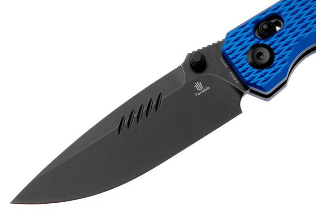 Afbeelding voor Tenable Knives Eaglestrike B1095V6 Blackwashed Nitro-V, Blue Anodized Aluminium, zakmes, James Lowe design