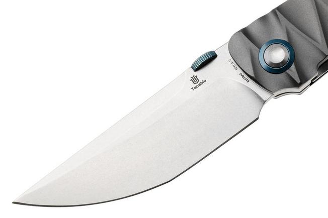 Afbeelding voor Tenable Knives Tarkin B1078A1 Stonewashed Nitro-V, Gray Aluminum, Faceted Wave Texture, zakmes, Matthew Christensen design
