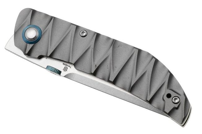 Afbeelding voor Tenable Knives Tarkin B1078A1 Stonewashed Nitro-V, Gray Aluminum, Faceted Wave Texture, zakmes, Matthew Christensen design