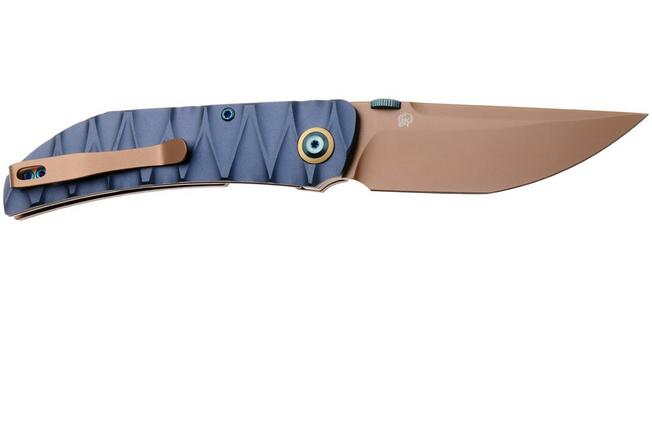 Afbeelding voor Tenable Knives Tarkin B1078A2 Rose Gold Nitro-V, Blue Aluminum, Faceted Wave Texture, zakmes, Matthew Christensen design