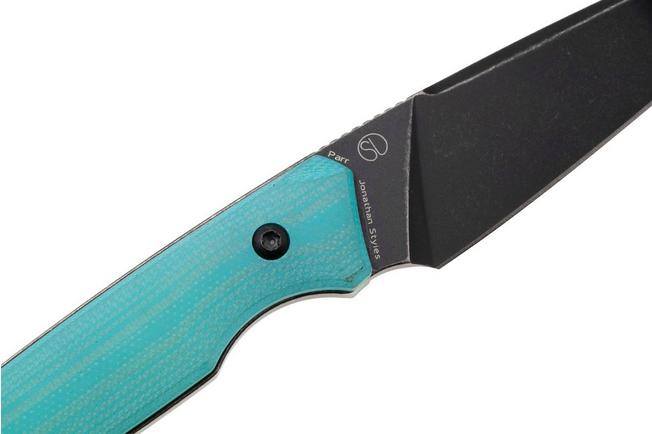 Afbeelding voor Tenable Knives Parr G011B3 Blackwashed 14C28N, Tiffany Blue G10, vaststaand mes Jonathan Styles design