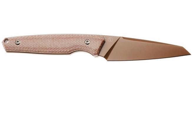 Afbeelding voor Tenable Knives Parr G011B7 Rose Gold PVD 14C28N, Brown Micarta, vaststaand mes, Jonathan Styles design