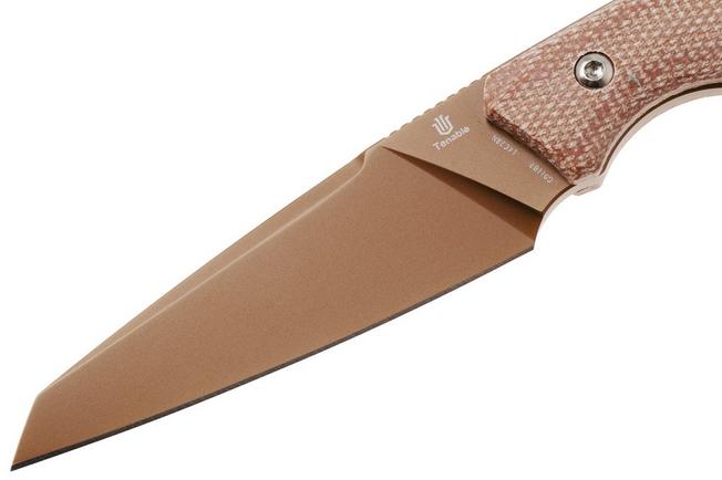Afbeelding voor Tenable Knives Parr G011B7 Rose Gold PVD 14C28N, Brown Micarta, vaststaand mes, Jonathan Styles design