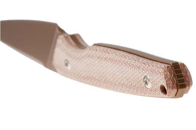 Afbeelding voor Tenable Knives Parr G011B7 Rose Gold PVD 14C28N, Brown Micarta, vaststaand mes, Jonathan Styles design