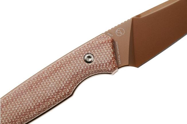 Afbeelding voor Tenable Knives Parr G011B7 Rose Gold PVD 14C28N, Brown Micarta, vaststaand mes, Jonathan Styles design