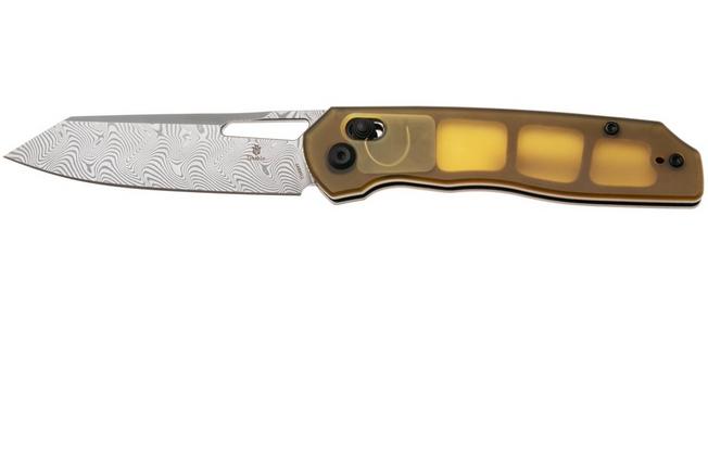 Afbeelding voor Tenable Knives Shard T1006V7 Acid Etch Damascus, Amber PEI/Ultem, zakmes, Kim Ning design