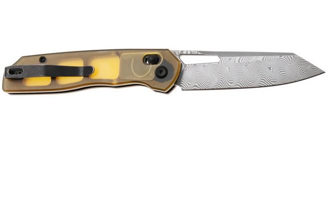 Afbeelding voor Tenable Knives Shard T1006V7 Acid Etch Damascus, Amber PEI/Ultem, zakmes, Kim Ning design