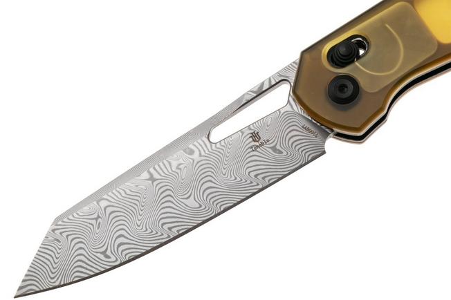 Afbeelding voor Tenable Knives Shard T1006V7 Acid Etch Damascus, Amber PEI/Ultem, zakmes, Kim Ning design