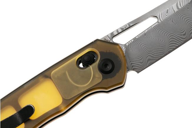 Afbeelding voor Tenable Knives Shard T1006V7 Acid Etch Damascus, Amber PEI/Ultem, zakmes, Kim Ning design