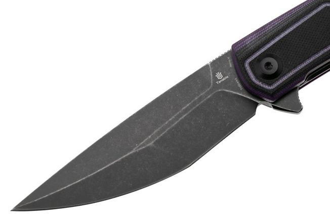 Afbeelding voor Tenable Knives Kratos T1024A3 Blackwashed Nitro-V, Black Purple G10, zakmes, Ostap Hel design
