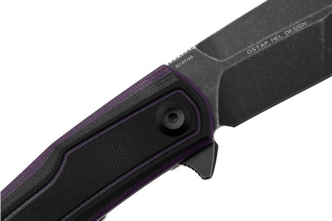 Afbeelding voor Tenable Knives Kratos T1024A3 Blackwashed Nitro-V, Black Purple G10, zakmes, Ostap Hel design