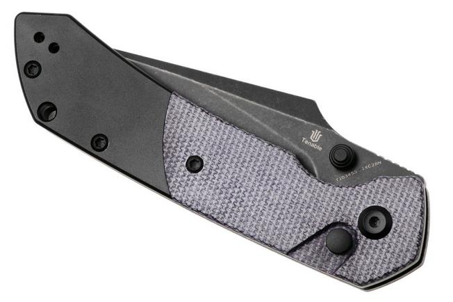 Afbeelding voor Tenable Knives Fenrir T1034S5 Blackwashed 14C28N, Purple Micarta Black Aluminium, zakmes, Greg Schob design