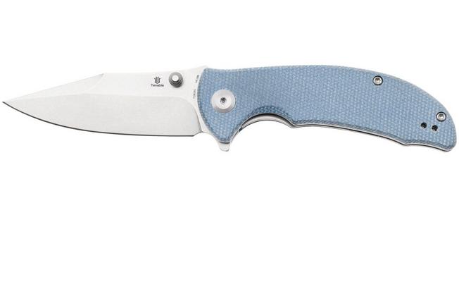 Afbeelding voor Tenable Knives Rei T1061A1 Stonewashed 14C28N, Blue Micarta, zakmes, Karambit Maker design