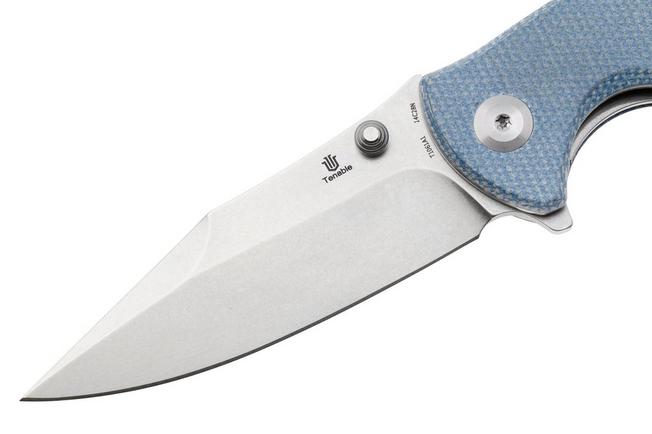 Afbeelding voor Tenable Knives Rei T1061A1 Stonewashed 14C28N, Blue Micarta, zakmes, Karambit Maker design