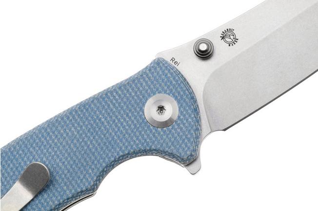 Afbeelding voor Tenable Knives Rei T1061A1 Stonewashed 14C28N, Blue Micarta, zakmes, Karambit Maker design