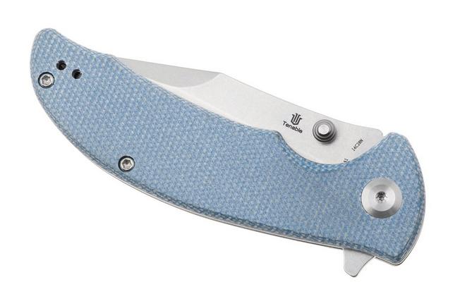 Afbeelding voor Tenable Knives Rei T1061A1 Stonewashed 14C28N, Blue Micarta, zakmes, Karambit Maker design