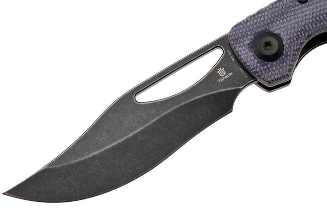 Afbeelding voor Tenable Knives Gideon T1119A4 Blackwashed Nitro-V, Purple Micarta, zakmes, Dead Sober design