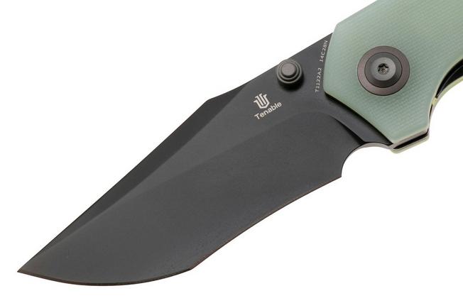 Afbeelding voor Tenable Knives Fermi T1122A2 Black Coated 14C28N, Jade G10, zakmes, Burchtree design