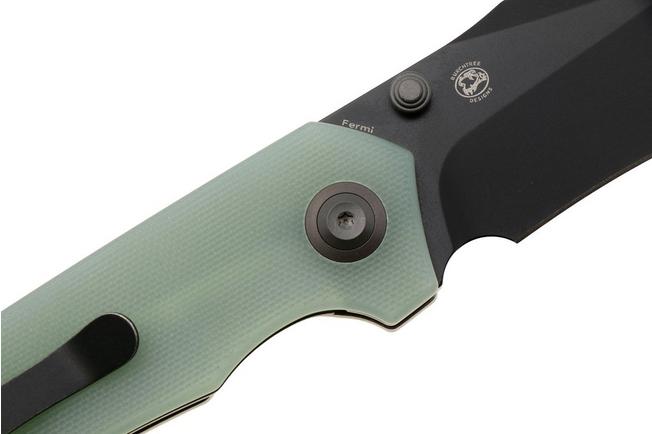 Afbeelding voor Tenable Knives Fermi T1122A2 Black Coated 14C28N, Jade G10, zakmes, Burchtree design