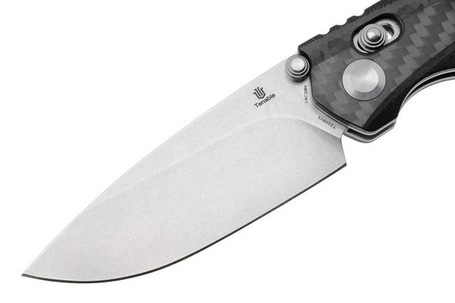 Afbeelding voor Tenable Knives Raven T2109V1 Stonewashed 14C28N, Twill Carbon Fiber, zakmes, Black Bird Blades design