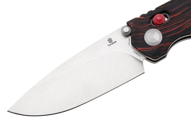 Afbeelding voor Tenable Knives Raven T2109V3 Stonewashed 14C28N, Red Black G-Mascus, zakmes, Black Bird Blades design
