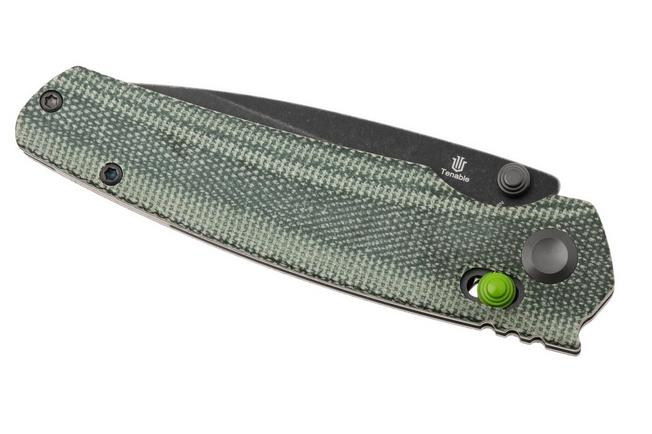 Afbeelding voor Tenable Knives Raven T2109V5 Blackwashed 14C28N, Green Micarta, zakmes, Black Bird Blades design