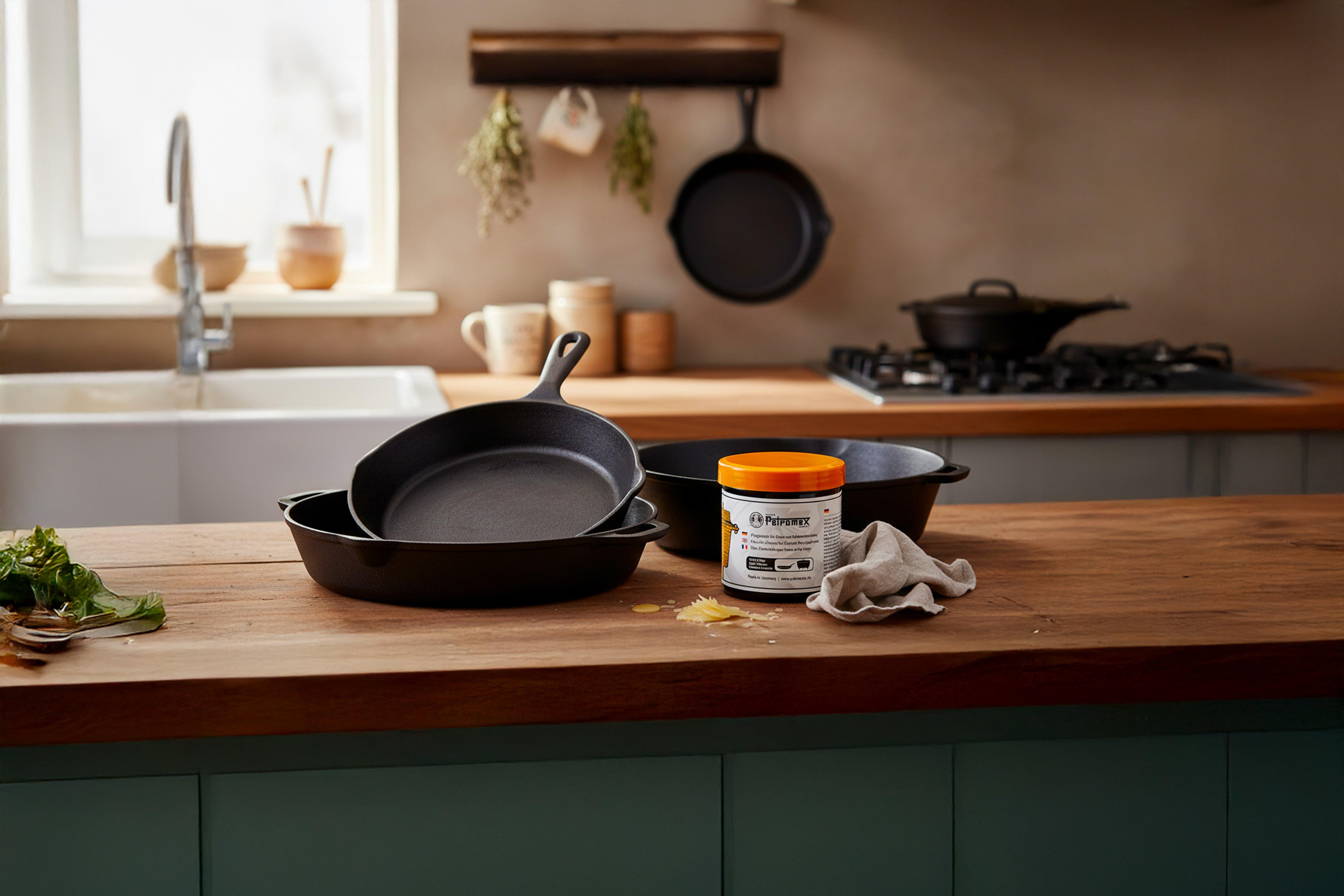 Verschillende Petromax Dutch Oven onderhoudsproducten op een keuken aanrecht.