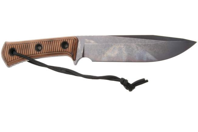 Afbeelding voor TRC Knives Apocalypse, Elmax Apocalypse Finish, Torched Natural Canvas Micarta, survivalmes