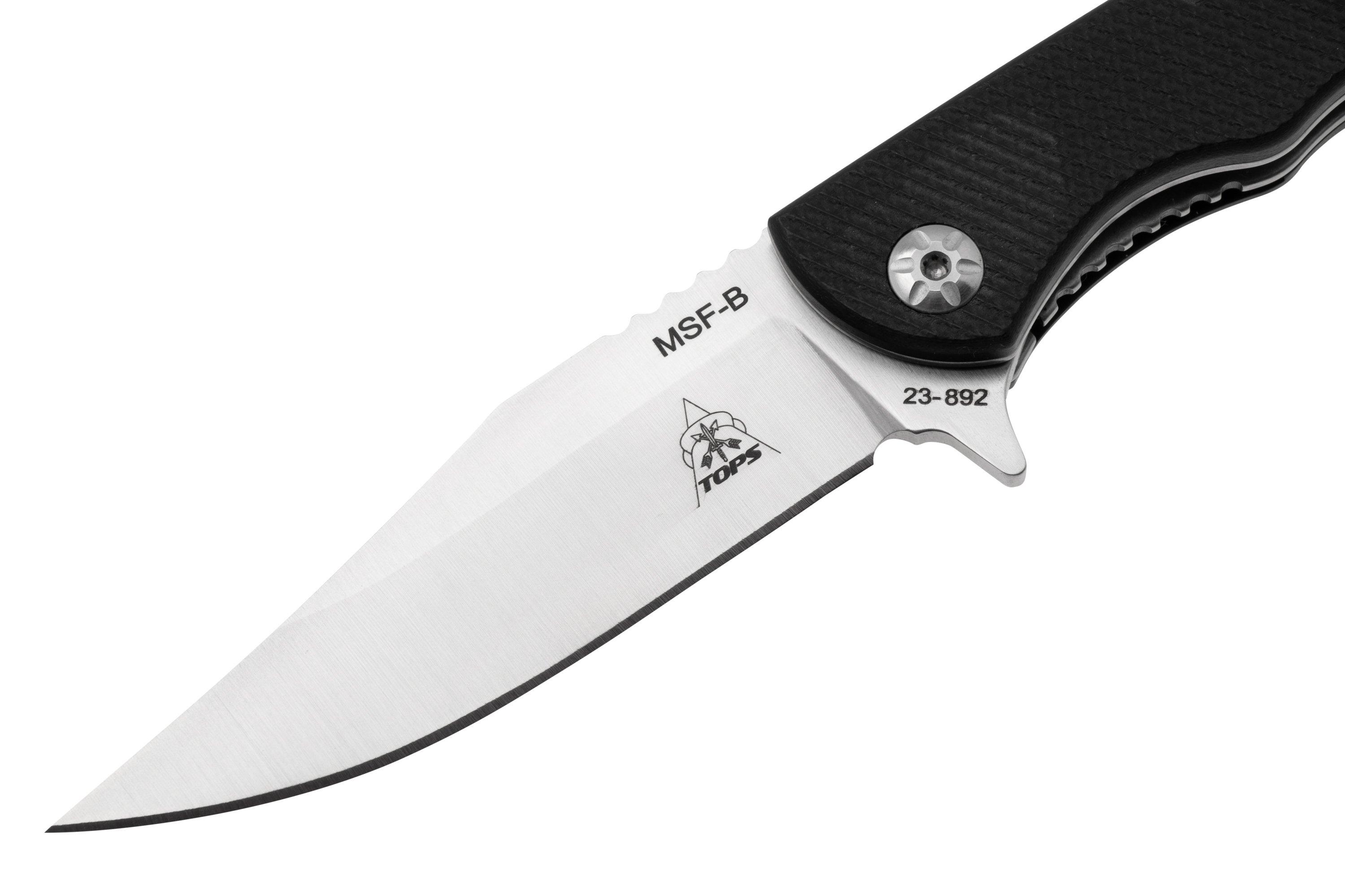 TOPS Knives Mini Scandi Folder MSFB, Satin Elmax, Black G10, pocket
