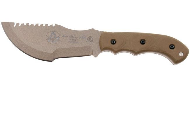 Afbeelding voor TOPS Knives TBT01-TAN Tom Brown Tracker #1 Large TBT01-TAN Coyote Tan 1095, Green Canvas Micarta, survivalmes, Tom Brown design