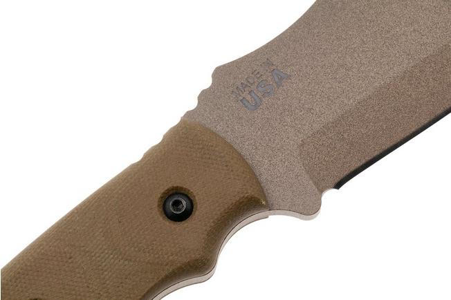 Afbeelding voor TOPS Knives TBT01-TAN Tom Brown Tracker #1 Large TBT01-TAN Coyote Tan 1095, Green Canvas Micarta, survivalmes, Tom Brown design