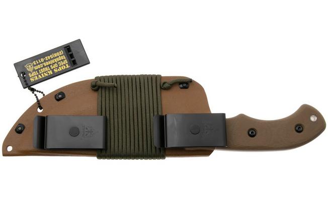 Afbeelding voor TOPS Knives TBT01-TAN Tom Brown Tracker #1 Large TBT01-TAN Coyote Tan 1095, Green Canvas Micarta, survivalmes, Tom Brown design