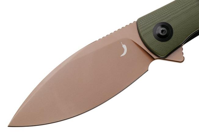 Afbeelding voor Trollsky Knives Mandu XL, Burns Twice Edition, MT025-XL, Gold PVD 14C28N, OD Green G10 zakmes