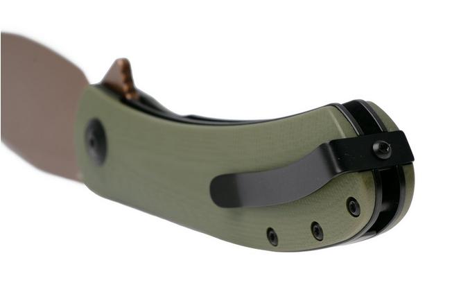 Afbeelding voor Trollsky Knives Mandu XL, Burns Twice Edition, MT025-XL, Gold PVD 14C28N, OD Green G10 zakmes
