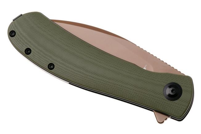 Afbeelding voor Trollsky Knives Mandu XL, Burns Twice Edition, MT025-XL, Gold PVD 14C28N, OD Green G10 zakmes
