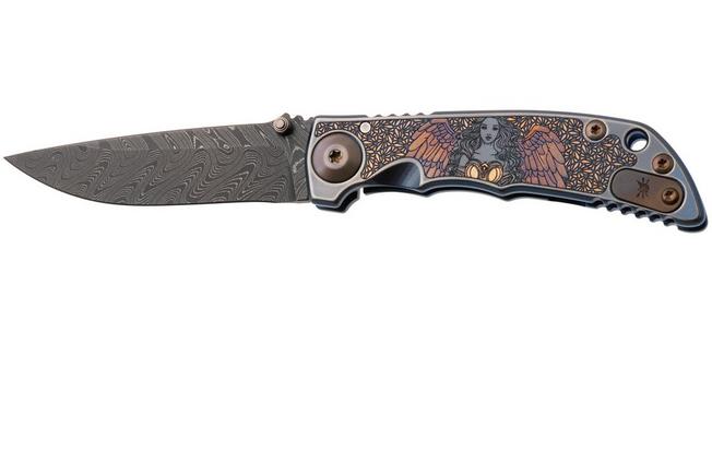 Afbeelding voor Spartan Blades Harsey Folder 3.25 Angel SF10ANGLDM, Chad Nichols Damascus, Blue Titanium zakmes, Bill Harsey design