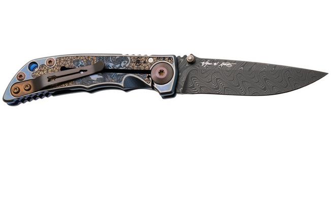 Afbeelding voor Spartan Blades Harsey Folder 3.25 Angel SF10ANGLDM, Chad Nichols Damascus, Blue Titanium zakmes, Bill Harsey design