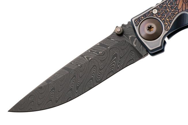 Afbeelding voor Spartan Blades Harsey Folder 3.25 Angel SF10ANGLDM, Chad Nichols Damascus, Blue Titanium zakmes, Bill Harsey design