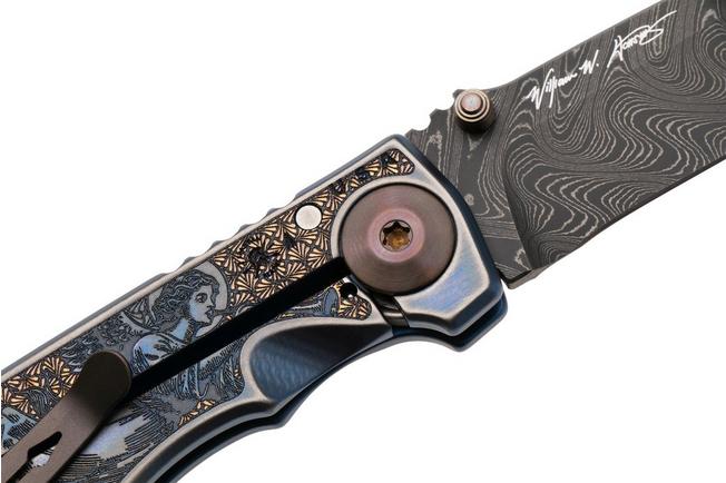 Afbeelding voor Spartan Blades Harsey Folder 3.25 Angel SF10ANGLDM, Chad Nichols Damascus, Blue Titanium zakmes, Bill Harsey design