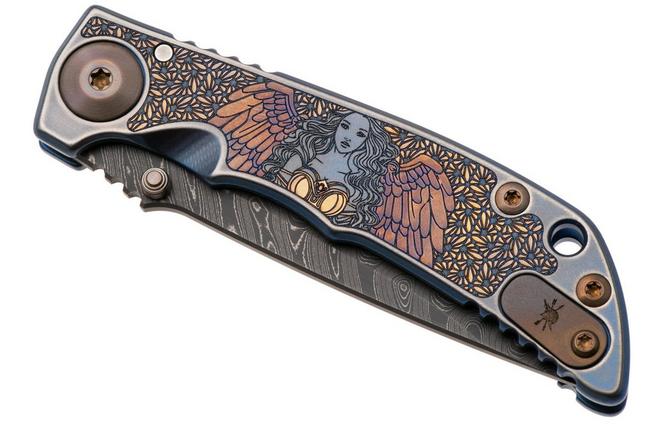 Afbeelding voor Spartan Blades Harsey Folder 3.25 Angel SF10ANGLDM, Chad Nichols Damascus, Blue Titanium zakmes, Bill Harsey design
