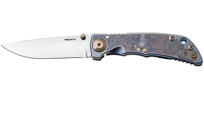 Afbeelding voor Spartan Blades Harsey Folder 3.25 Angel SF10ANGLSW, Stonewashed CPM MagnaCut, Blue Titanium zakmes, Bill Harsey design