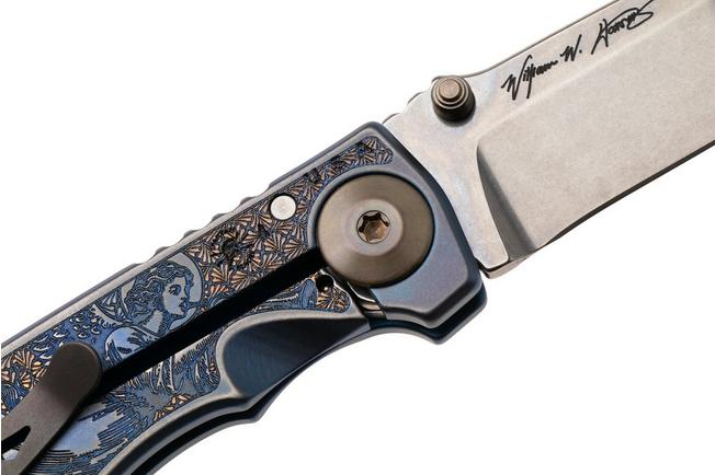 Afbeelding voor Spartan Blades Harsey Folder 3.25 Angel SF10ANGLSW, Stonewashed CPM MagnaCut, Blue Titanium zakmes, Bill Harsey design