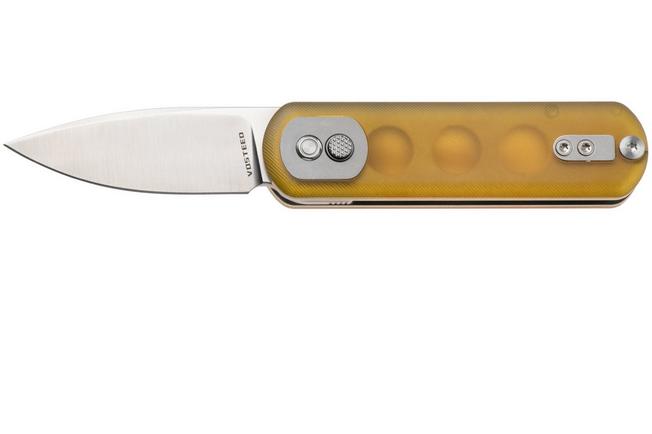 Afbeelding voor Vosteed Corgi Pup A0723 Satin S35VN, Amber PEI, zakmes, Yue Dong design